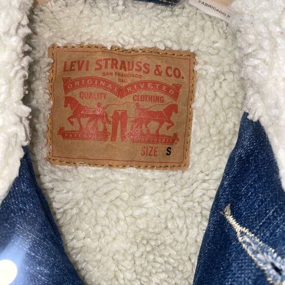 Levis Denim Sherpa Trucker Ex Boyfriend Jean Jacket Blue Wash Sz Small Women - Picture 2 of 5